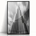 Large abstract wall art of the Burj Khalifa in muted gray tones, acrylic print in a black frame.