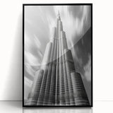 Large abstract wall art of the Burj Khalifa in muted gray tones, acrylic print in a black frame.