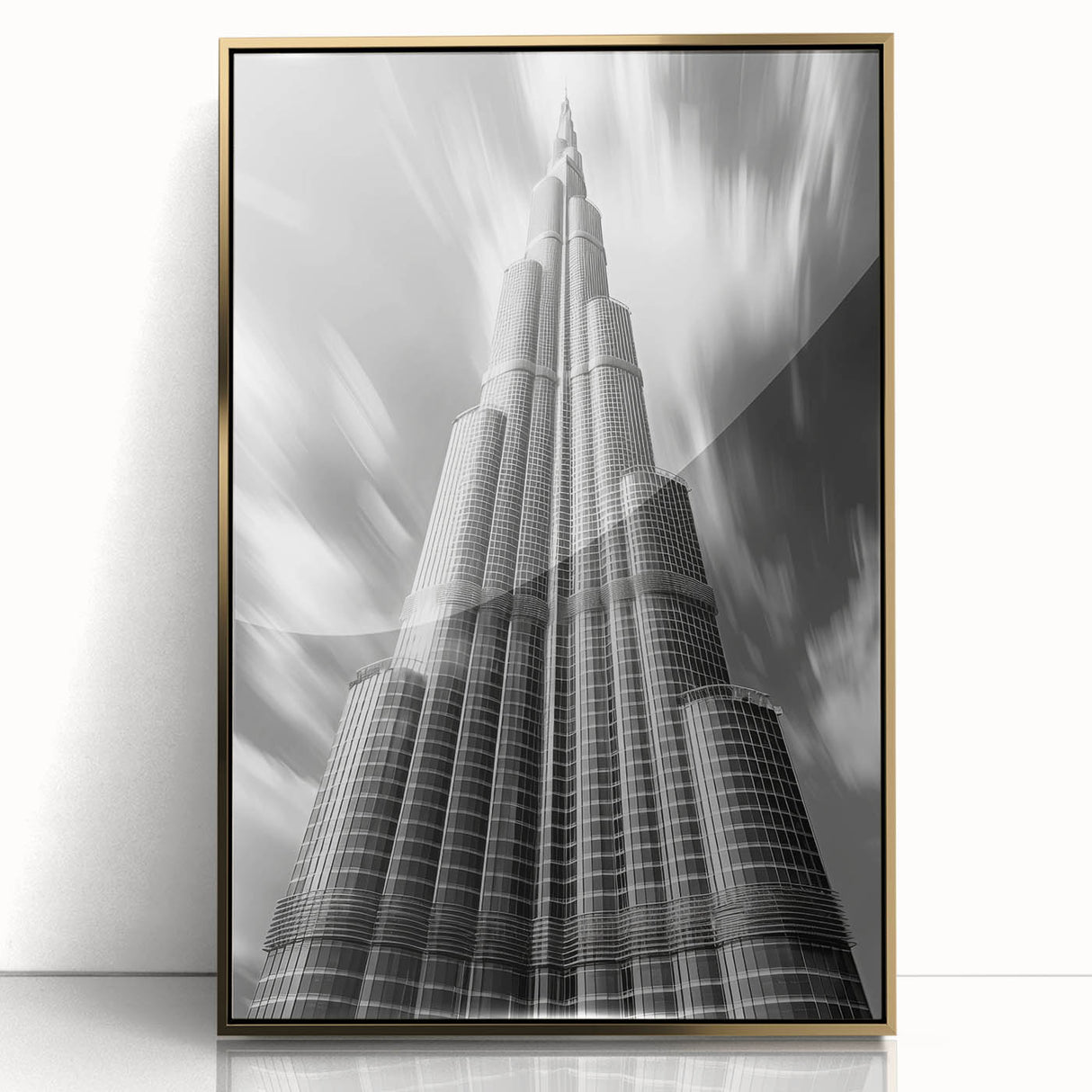 Framed acrylic print of the Burj Khalifa in gold tones, ideal for modern art wall decor.