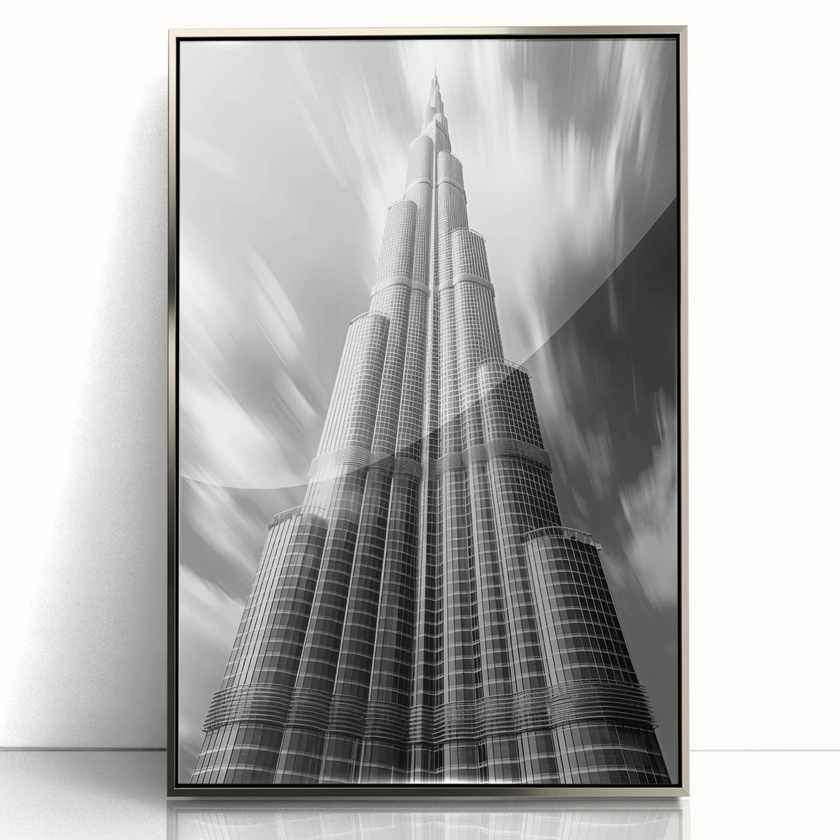 Mid-century modernist art of Burj Khalifa in muted silver tones on a framed acrylic print.