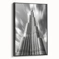 Black and white wall art of the Burj Khalifa on a framed canvas, ideal for bedroom decor.