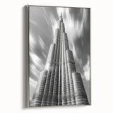 Framed canvas landscape art painting of the Burj Khalifa, featuring a silver frame and colorful sky.