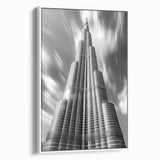 Vintage poster art of Burj Khalifa on a framed canvas, featuring a black and colorful palette.