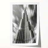 Extra large rolled print of the Burj Khalifa amidst a floral skyline in muted earth tones, ideal for art wall dining room.