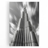 Black and white stretched canvas featuring the Burj Khalifa skyline, ideal for kitchen wall art.