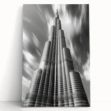 Black and white stretched canvas of the Burj Khalifa, ideal for kitchen wall art or bedroom ambiance.