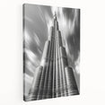Side view of a stretched canvas depicting the Burj Khalifa in muted earth tones, suitable for large kitchen wall art.