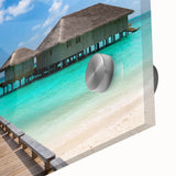 Large abstract wall art featuring oceanic blues and greens in a mid-century modernist style on acrylic glass.