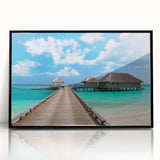 Large abstract wall art depicting an oceanic scene in Fiji with blue and teal hues on framed acrylic.