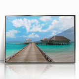 Art deco poster of a tranquil Fiji beach scene in pastel blue and green tones on a framed acrylic.