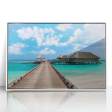 Mid-century modernist art depicting a serene Oceania Fiji scenery in soft blue and green tones, framed acrylic.