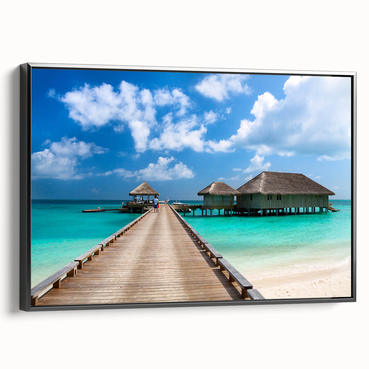 Black and white framed canvas of a vintage Fiji landscape, ideal for bedroom wall decor.
