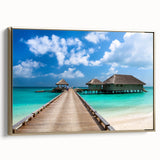 Framed canvas of a vintage-style Fiji landscape in muted gold and black, ideal for bedroom wall art.