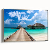 Framed canvas of a vintage-style landscape art painting depicting a Fiji scenery in colorful hues.