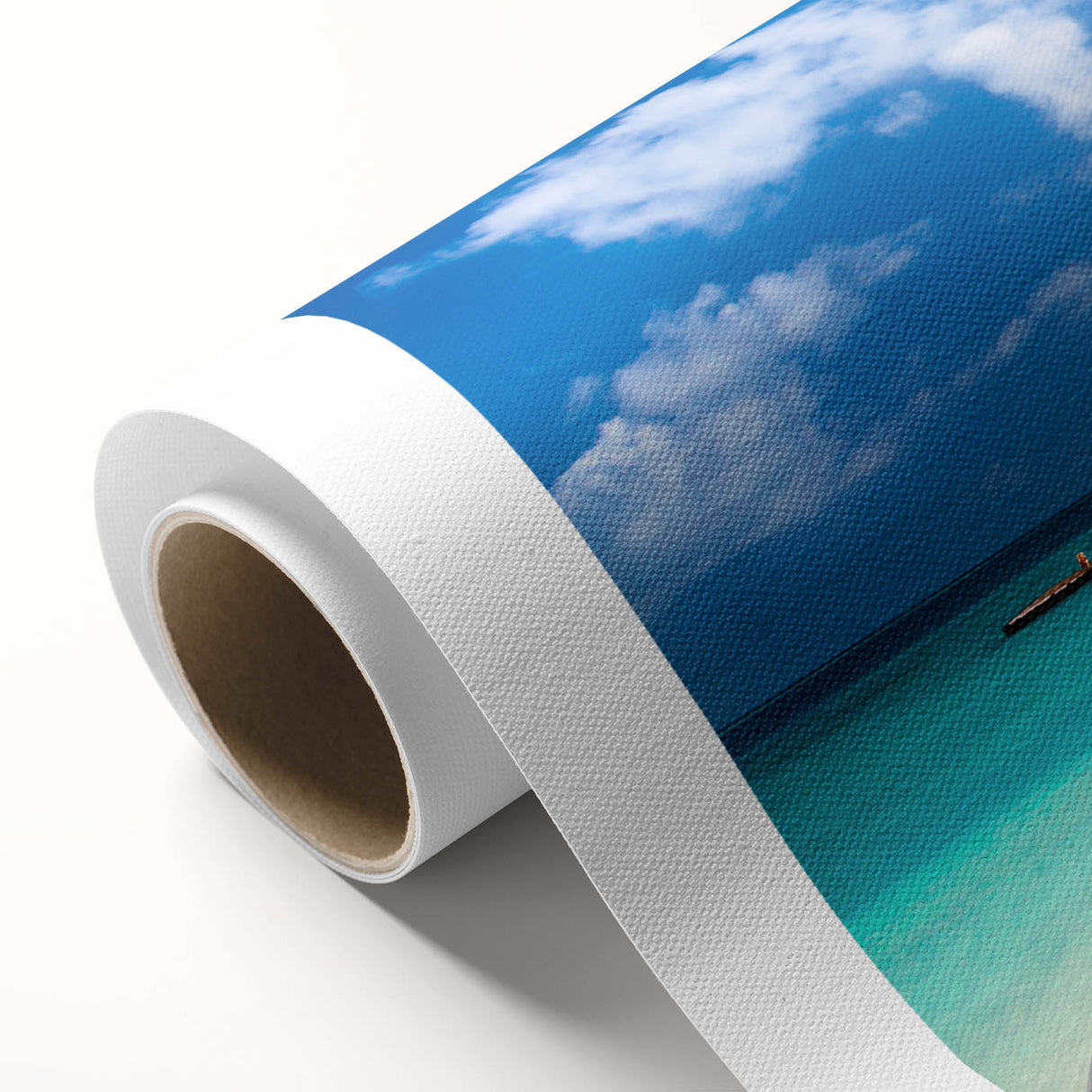 Art Deco style poster of a serene Fiji landscape on rolled canvas, using soft blue and green tones.