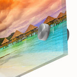 Large abstract wall art of Bora Bora in muted blue and green tones on acrylic glass, ideal for dining room art.