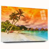Acrylic print of a large abstract depiction of Bora Bora in blue and green tones, ideal for bedroom or dining room art.