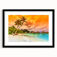 Abstract art print of French Polynesia with vibrant, textured hues on a large framed canvas, ideal for living room decor.
