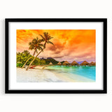 Abstract art print of French Polynesia with vibrant, textured hues on a large framed canvas, ideal for living room decor.