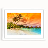 Abstract art print of Bora Bora with vibrant blue and green hues on a white framed canvas.