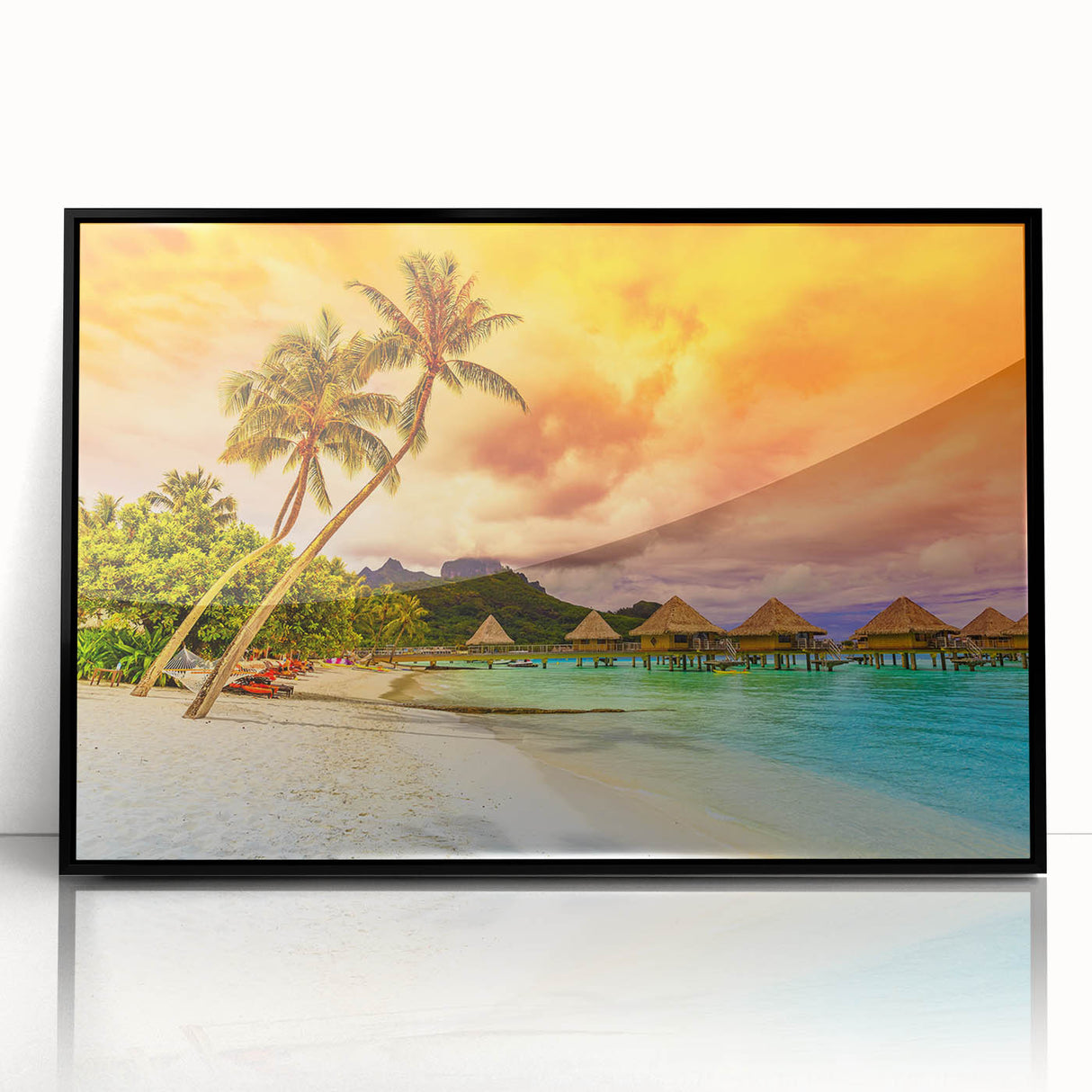 Art deco poster of Bora Bora with muted blue and green tones on framed acrylic, suitable for modern art wall decor.