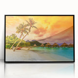 Art deco poster of Bora Bora with muted blue and green tones on framed acrylic, suitable for modern art wall decor.