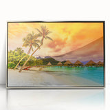 Mid-century modernist acrylic print of Bora Bora landscape with vibrant blue and green hues, ideal for modern art wall decor.