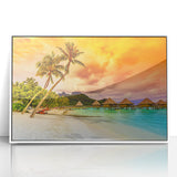 Mid-century modernist art of Bora Bora with vibrant blue and green tones on a white framed acrylic print.