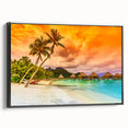 Black and white framed canvas of Bora Bora landscape, ideal for bedroom wall art.