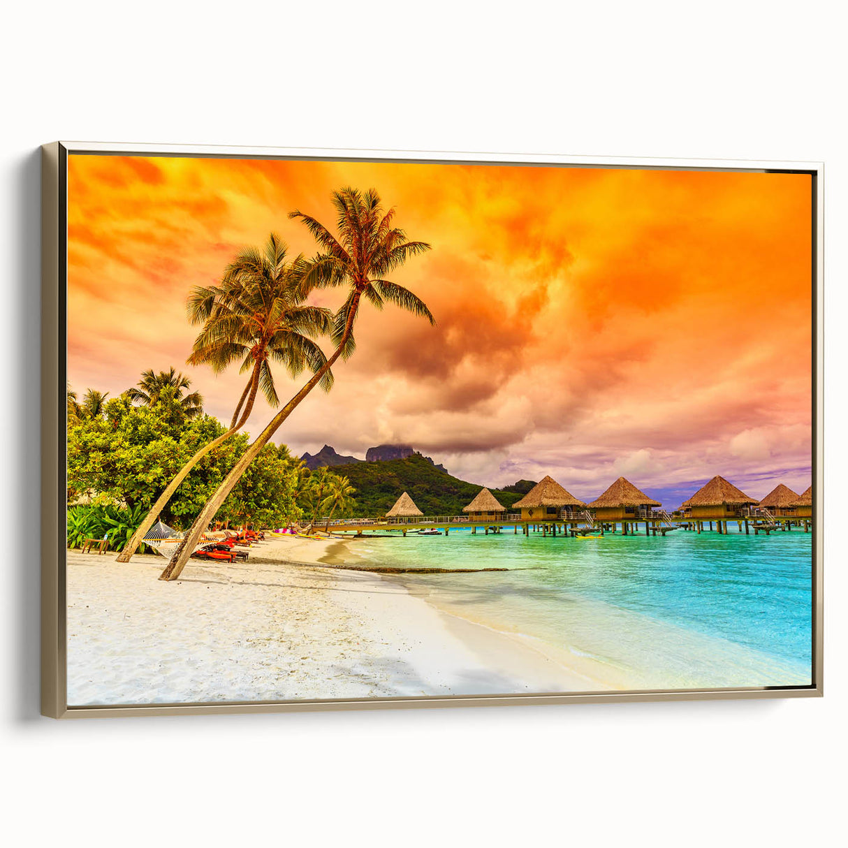 Framed canvas of a serene Bora Bora landscape in muted blue and green tones, ideal for bedroom wall art.