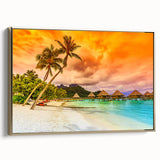 Framed canvas of a serene Bora Bora landscape in muted blue and green tones, ideal for bedroom wall art.