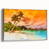 Framed canvas depicting a serene Bora Bora landscape in muted blues and greens, ideal for living room decor.