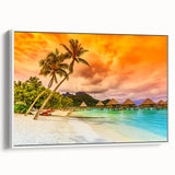 Vintage poster art of Bora Bora, featuring colorful scenery on a framed white canvas, ideal for living room decor.