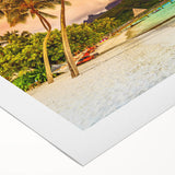 Art deco poster of Bora Bora with soft blue and green tones on a rolled canvas, suitable for dining room wall art.