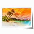 Extra large rolled print of a serene Bora Bora landscape, featuring pastel blue water and lush green islands.