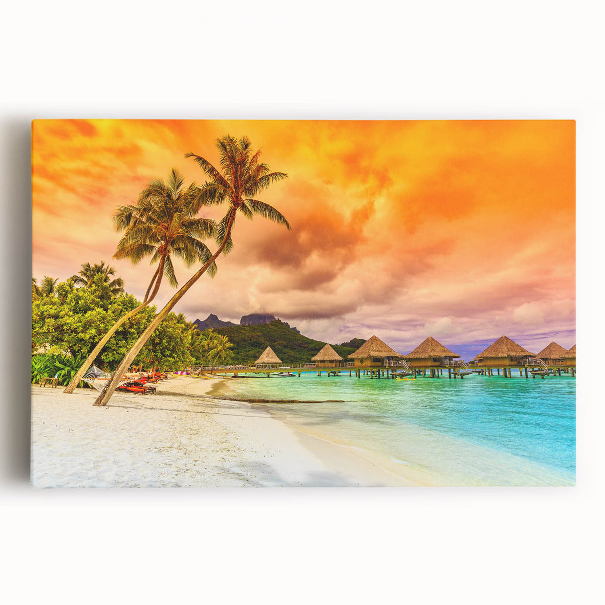 Black and white stretched canvas of Bora Bora's serene beachscape, ideal for kitchen art.