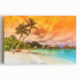 Black and white stretched canvas of Bora Bora's serene beachscape, ideal for kitchen art.