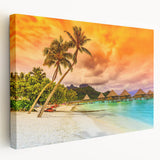 Large stretched canvas featuring a serene Bora Bora landscape in soft blue and green tones, ideal for kitchen wall art.