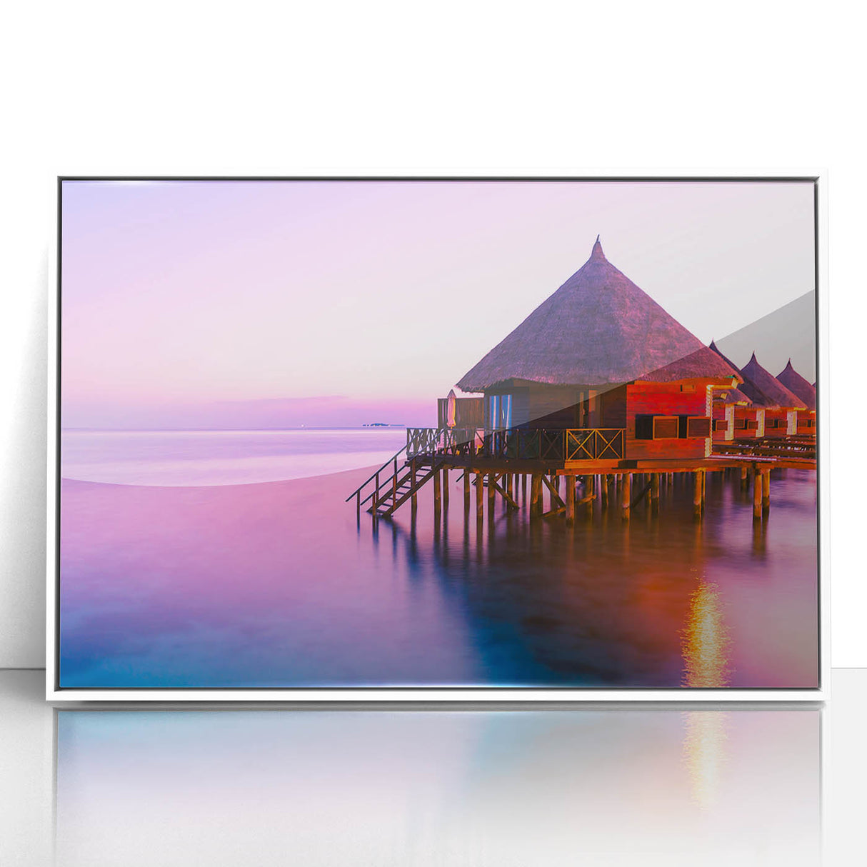 Acrylic framed poster of Tahiti with lush greenery and ocean view, in art deco style, ideal for modern nursery wall art.