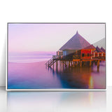 Acrylic framed poster of Tahiti with lush greenery and ocean view, in art deco style, ideal for modern nursery wall art.