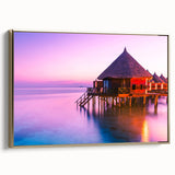 Framed canvas wall art featuring a vintage-style landscape of Tahiti with black and gold tones, ideal for bedroom decor.