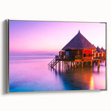 Framed canvas featuring a vintage-style landscape painting of Tahiti with vibrant color palette.