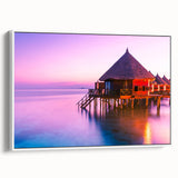 Vintage poster art of a Tahitian landscape on framed canvas, featuring vibrant colors, ideal for living room decor.