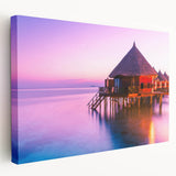Large stretched canvas featuring a serene Tahiti beach scene in soft blue and green tones, ideal for kitchen wall art.