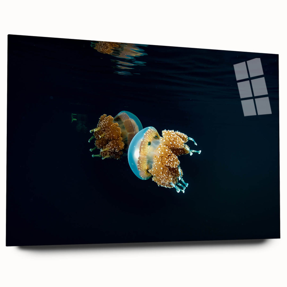 Large abstract oceanic scene in blue and green tones on acrylic glass, ideal for bedroom or dining room art.
