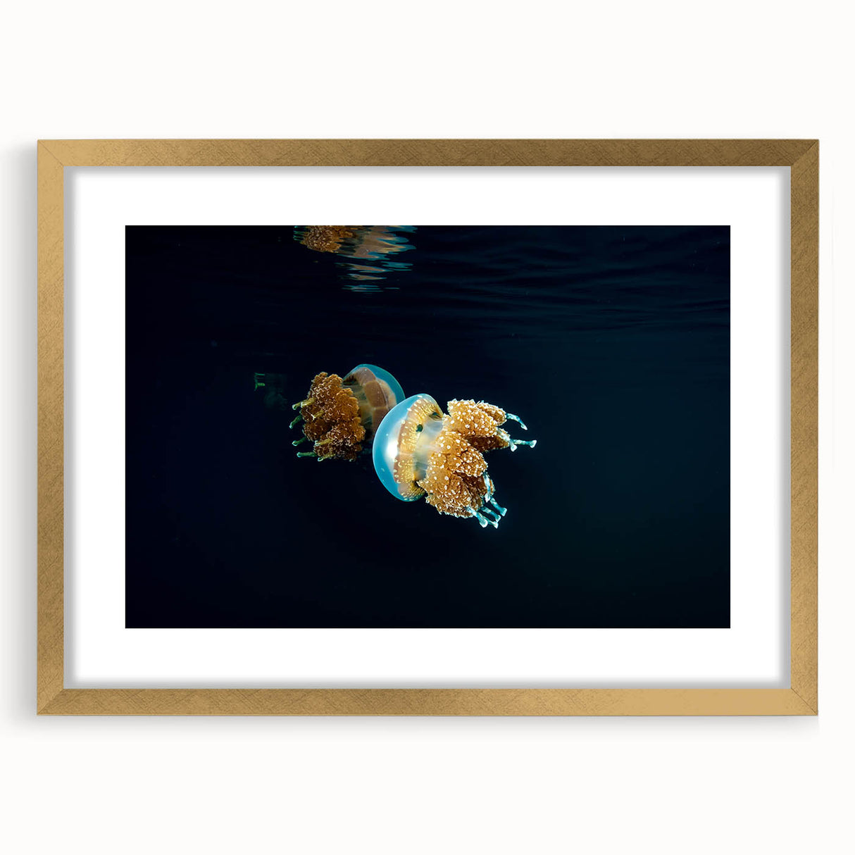 Extra large abstract art print of oceanic scenery in textured blues and greens, framed in gold, ideal for living room decor.
