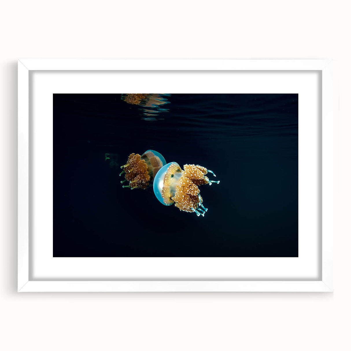 Abstract art print of Micronesian oceanic scenery in muted blue tones on a white-framed canvas.