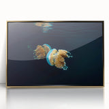 Large art print of a Micronesian oceanic landscape in mid-century modernist style, vibrant blues and greens, framed acrylic.