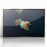 Mid-century modernist art of a serene Oceania landscape in muted blues and greens, silver-framed acrylic.