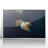 Art deco poster of Oceania scenery in muted blue and green tones, framed acrylic, ideal for modern nursery wall art.